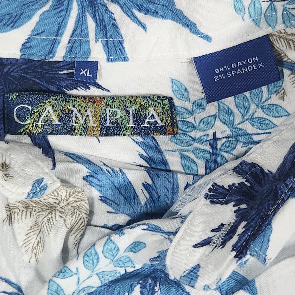 Campia Moda Hawaiian‎ Shirt Mens XL White Blue Rayon Palm Tree Tropical Aloha - Picture 4 of 10